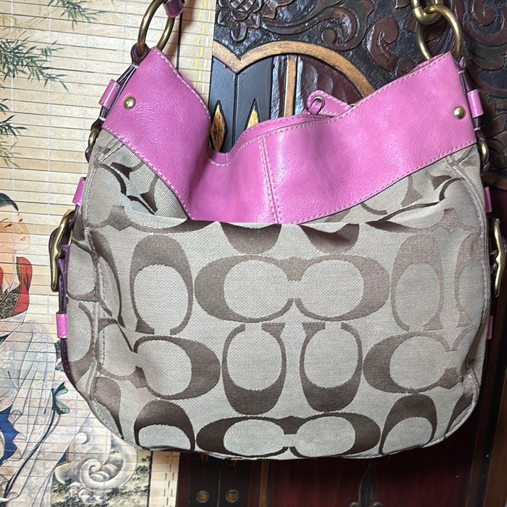 Coach Hobo Shoulder Bag Pink Leather Brown Monogram 12”Wx12”Hx5”W VGUC - Picture 4 of 17